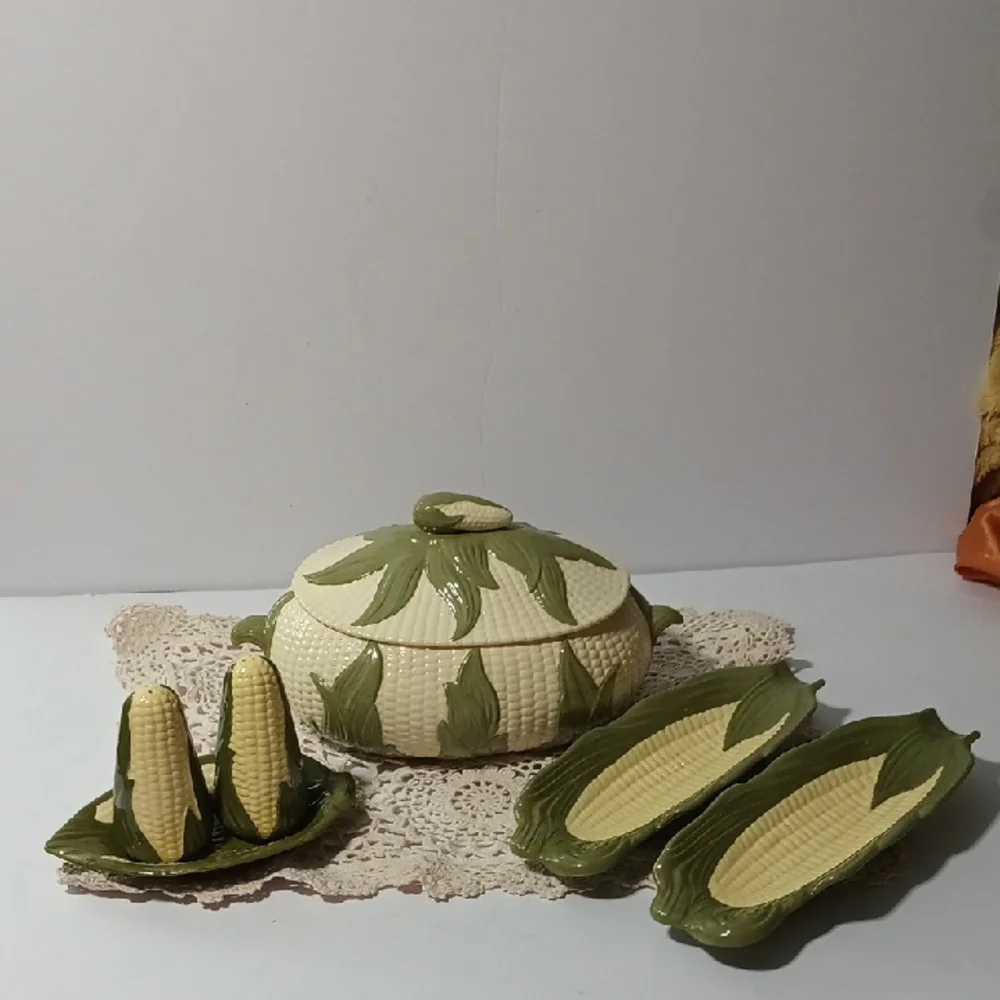 Vintage MCM Ceramic Corn Design Dish Set with Lid and Salt Shakers